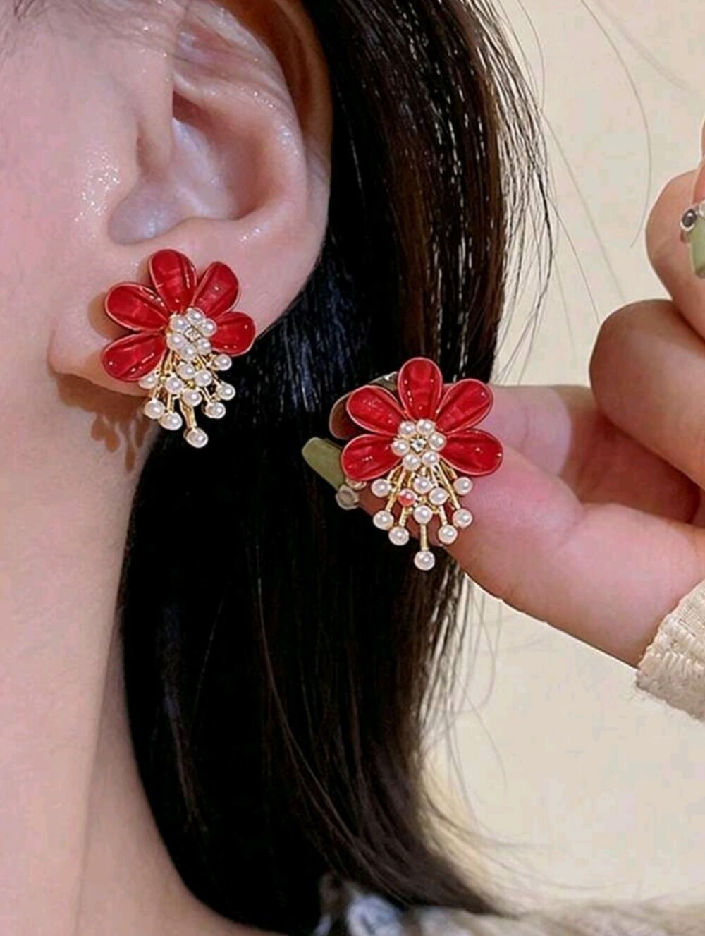 Red Floral Pearl Drop Earrings - Women Jewelry